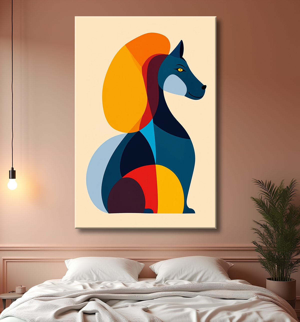 Tableau minimaliste et contemporain d'un chien avec decor