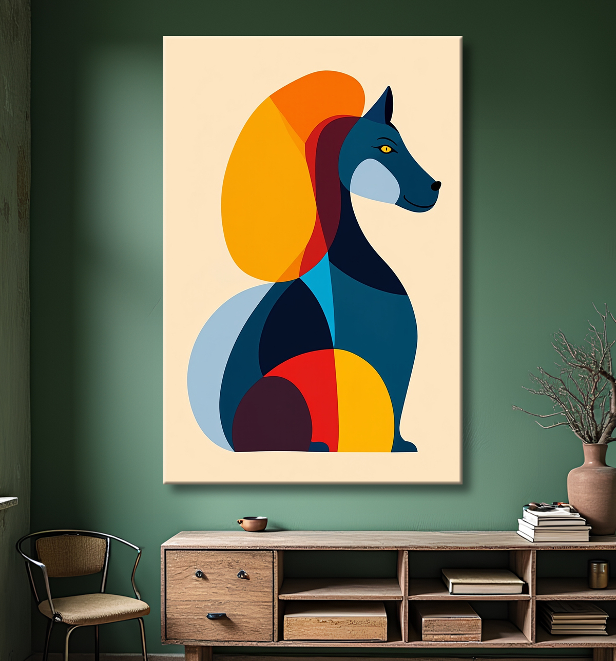 Tableau minimaliste et contemporain d'un chien avec decor