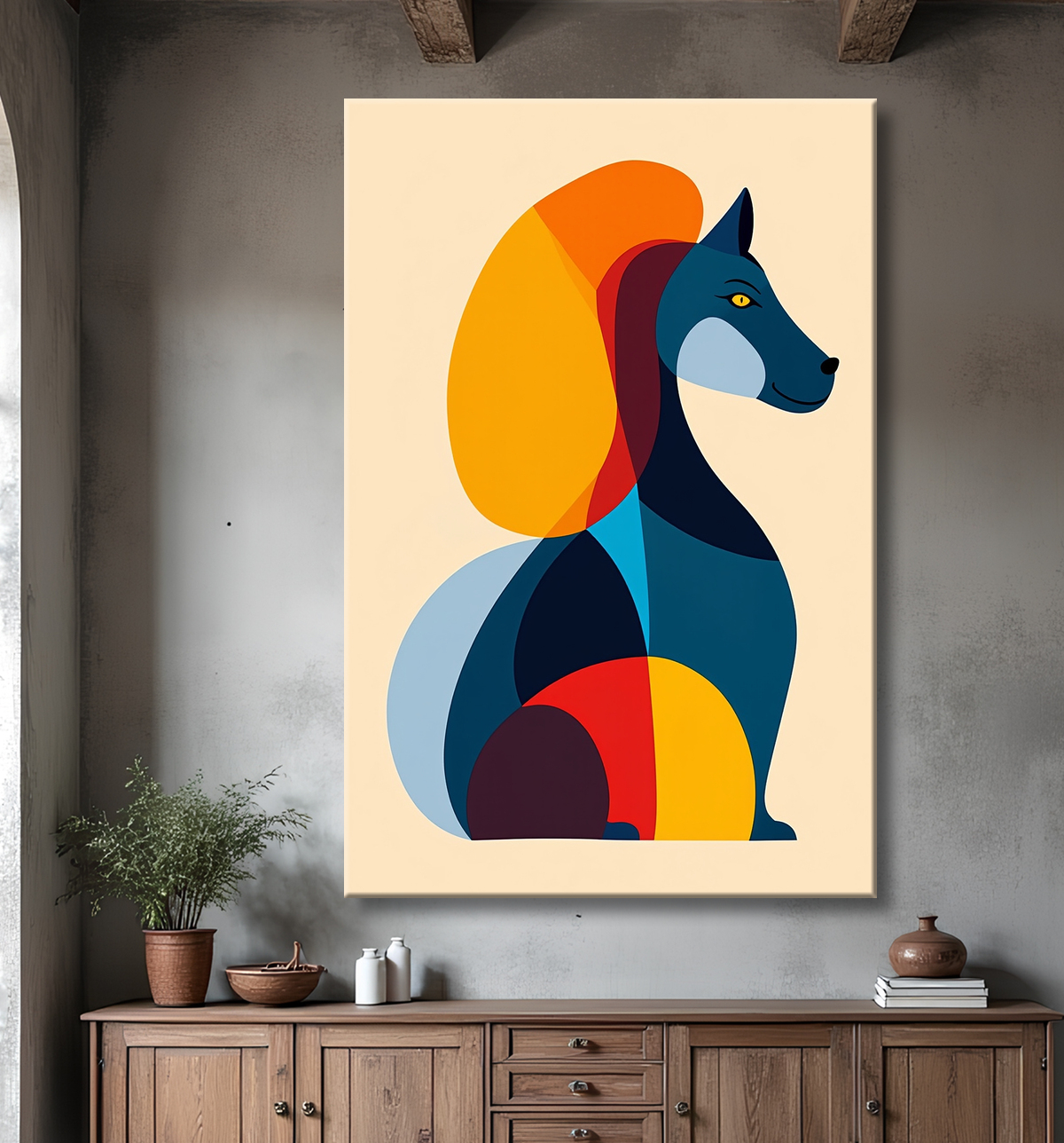 Tableau minimaliste et contemporain d'un chien avec decor