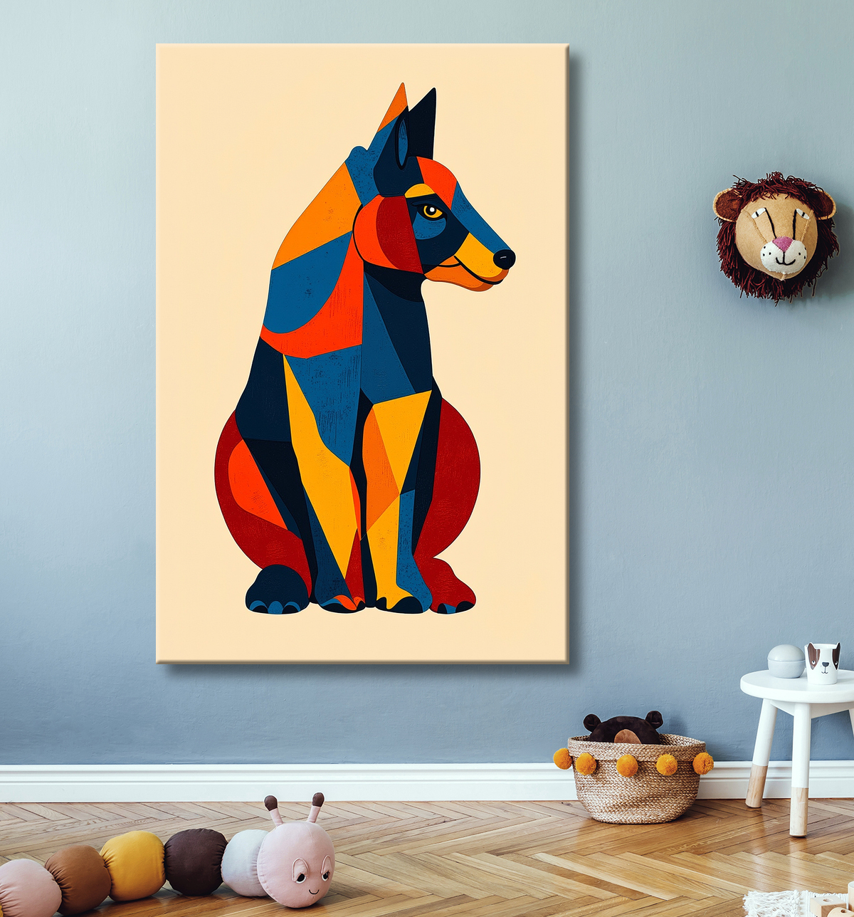 Tableau minimaliste et contemporain d'un chien avec decor