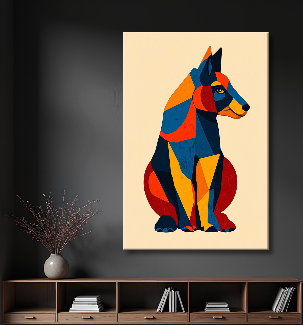 Tableau minimaliste et contemporain d'un chien avec decor