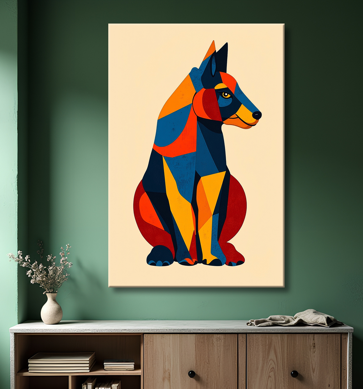 Tableau minimaliste et contemporain d'un chien avec decor