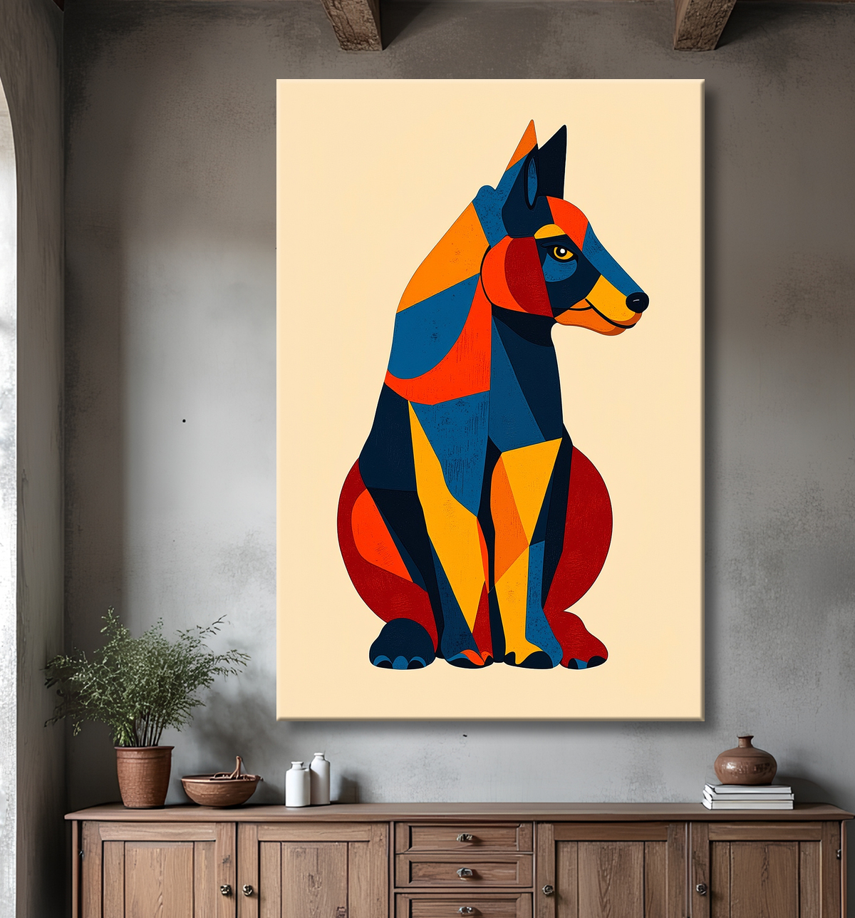 Tableau minimaliste et contemporain d'un chien avec decor