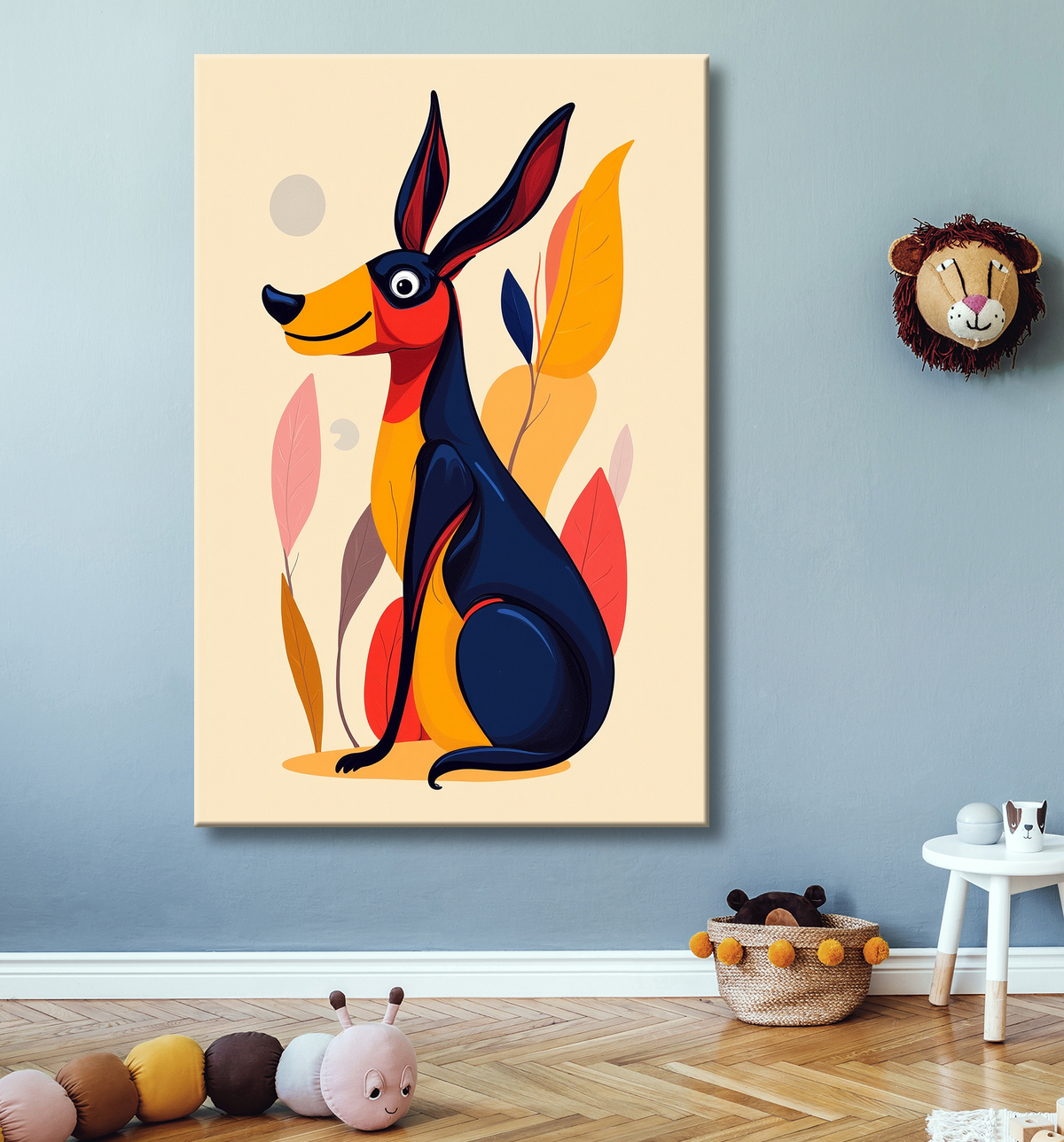 Tableau minimaliste et contemporain d'un chien avec decor