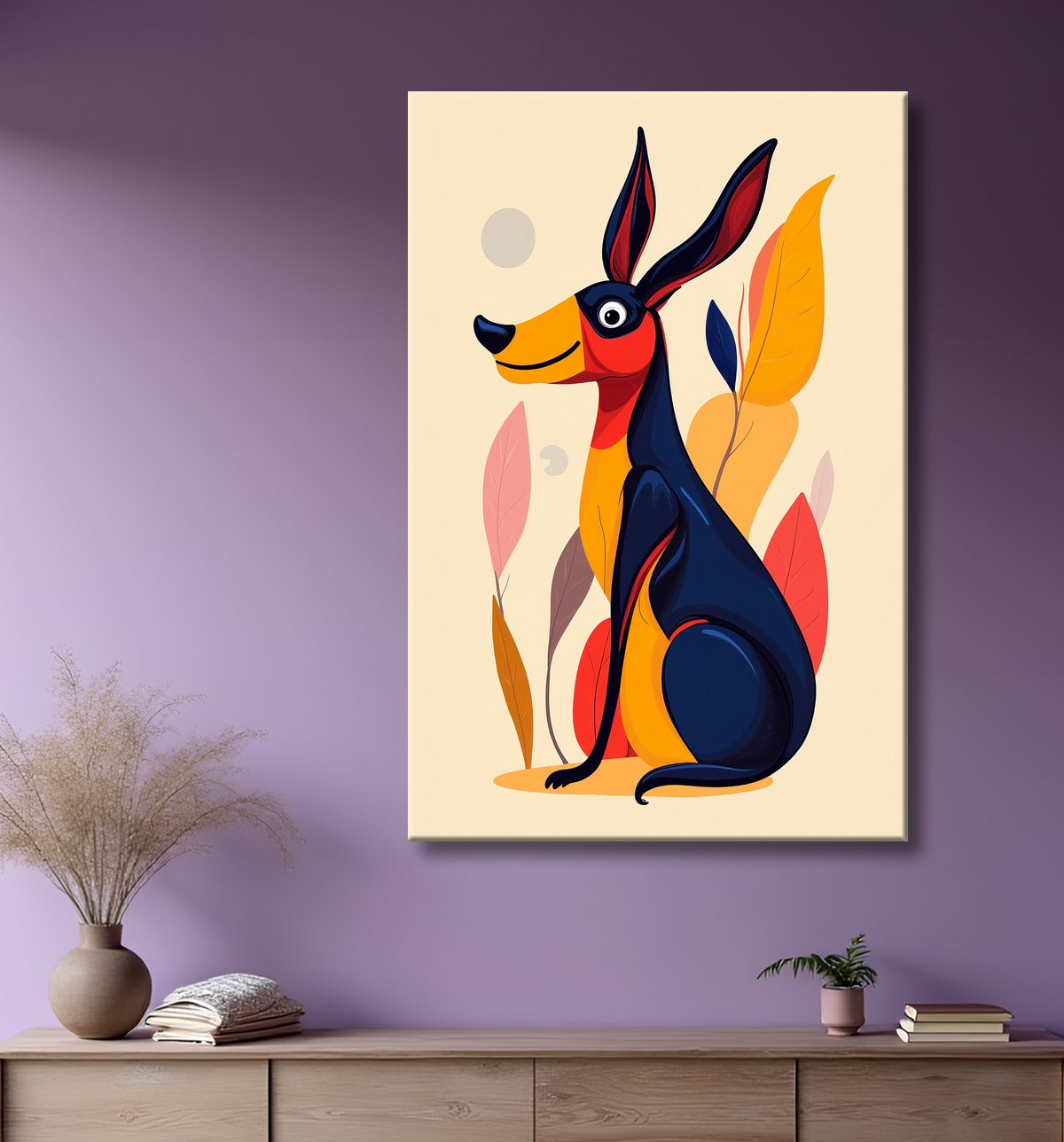 Tableau minimaliste et contemporain d'un chien avec decor