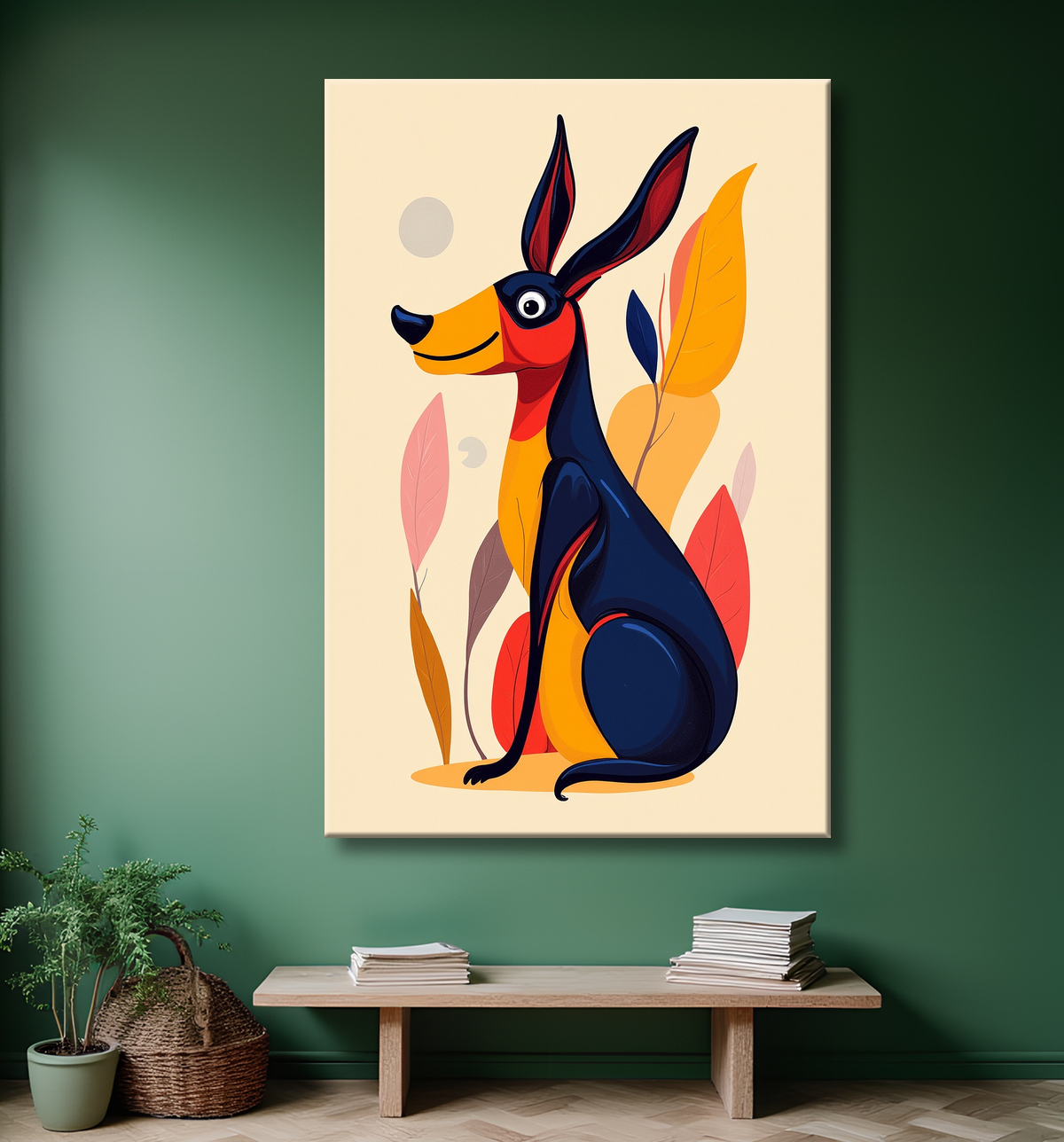 Tableau minimaliste et contemporain d'un chien avec decor