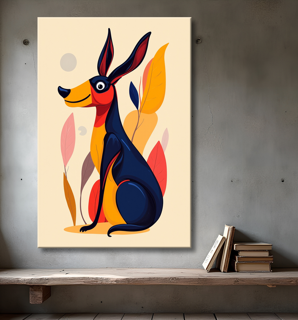 Tableau minimaliste et contemporain d'un chien avec decor