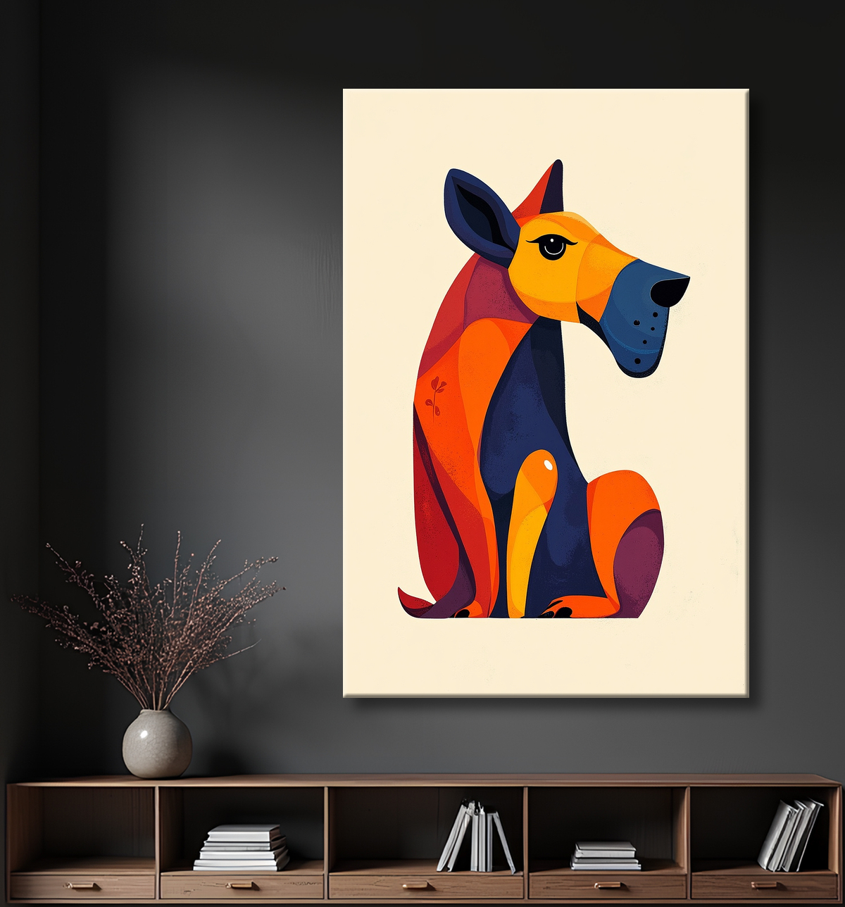 Tableau minimaliste et contemporain d'un chien avec decor