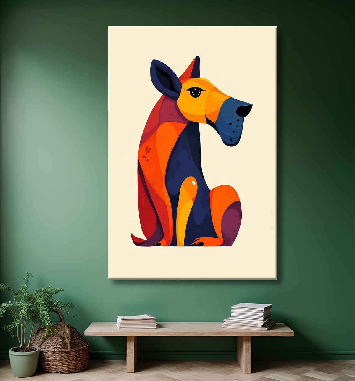 Tableau minimaliste et contemporain d'un chien avec decor