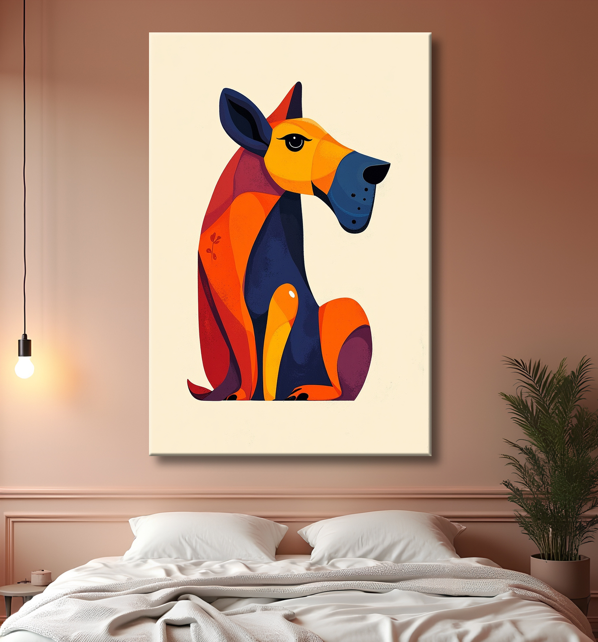 Tableau minimaliste et contemporain d'un chien avec decor