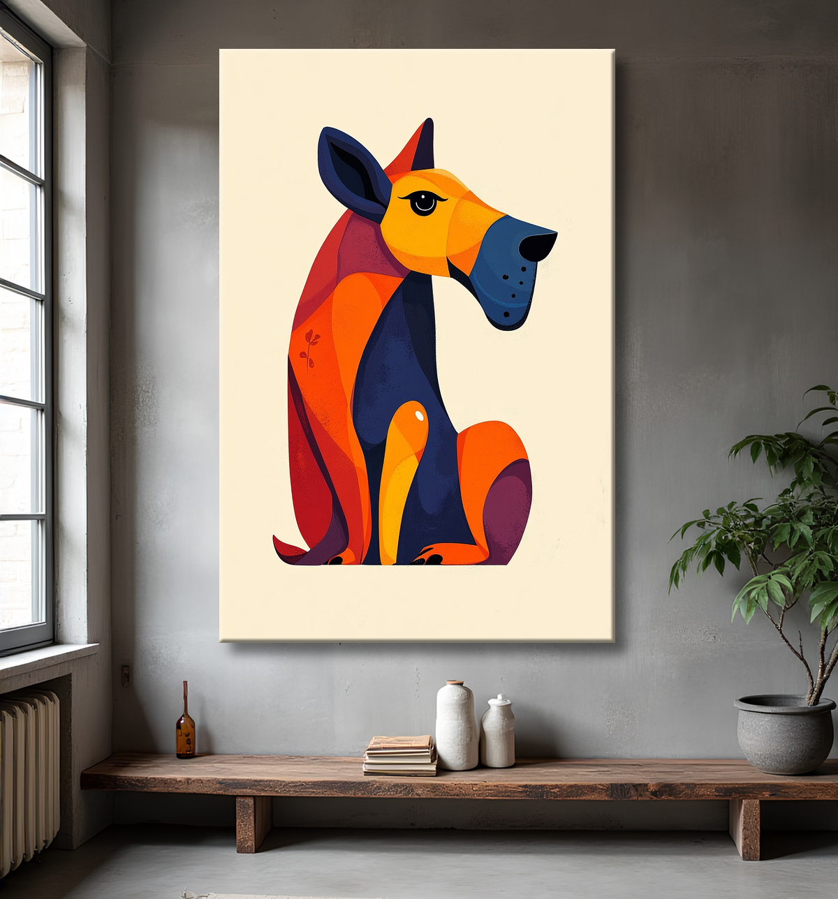 Tableau minimaliste et contemporain d'un chien avec decor