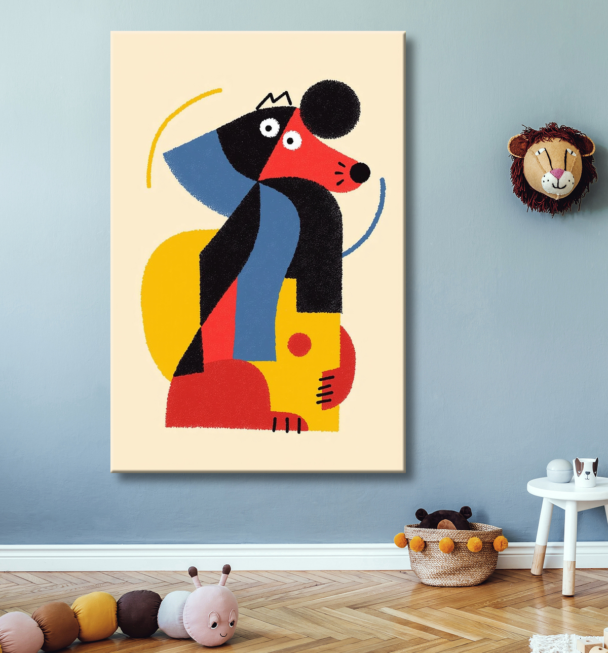 Tableau minimaliste et contemporain d'un chien avec decor