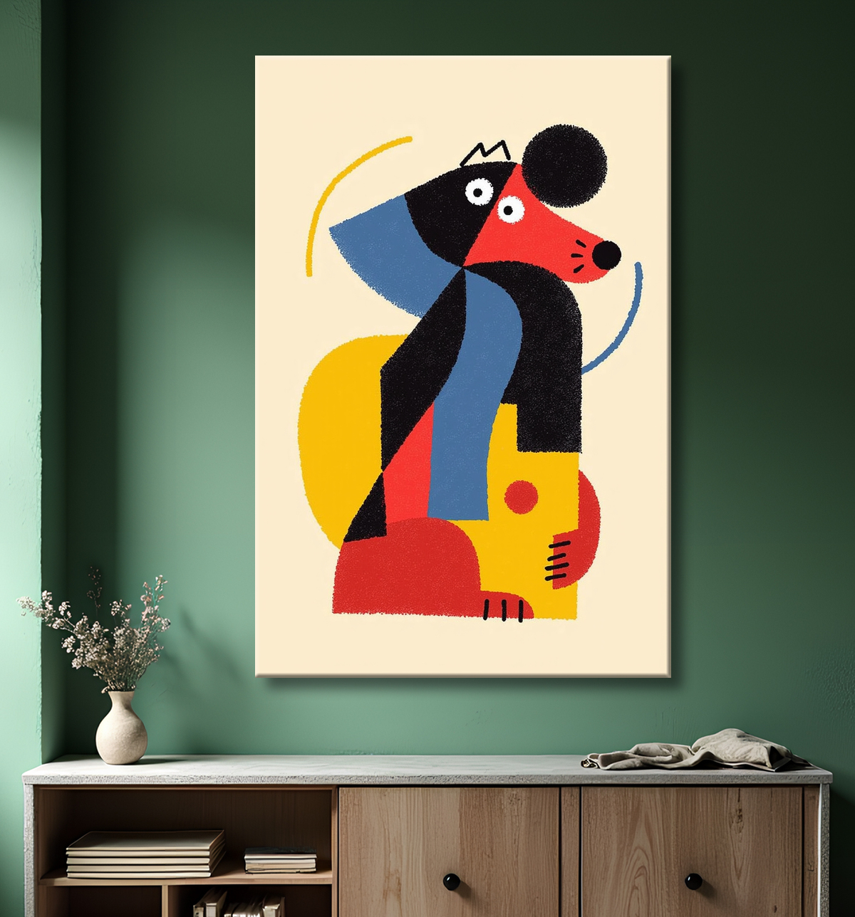 Tableau minimaliste et contemporain d'un chien avec decor