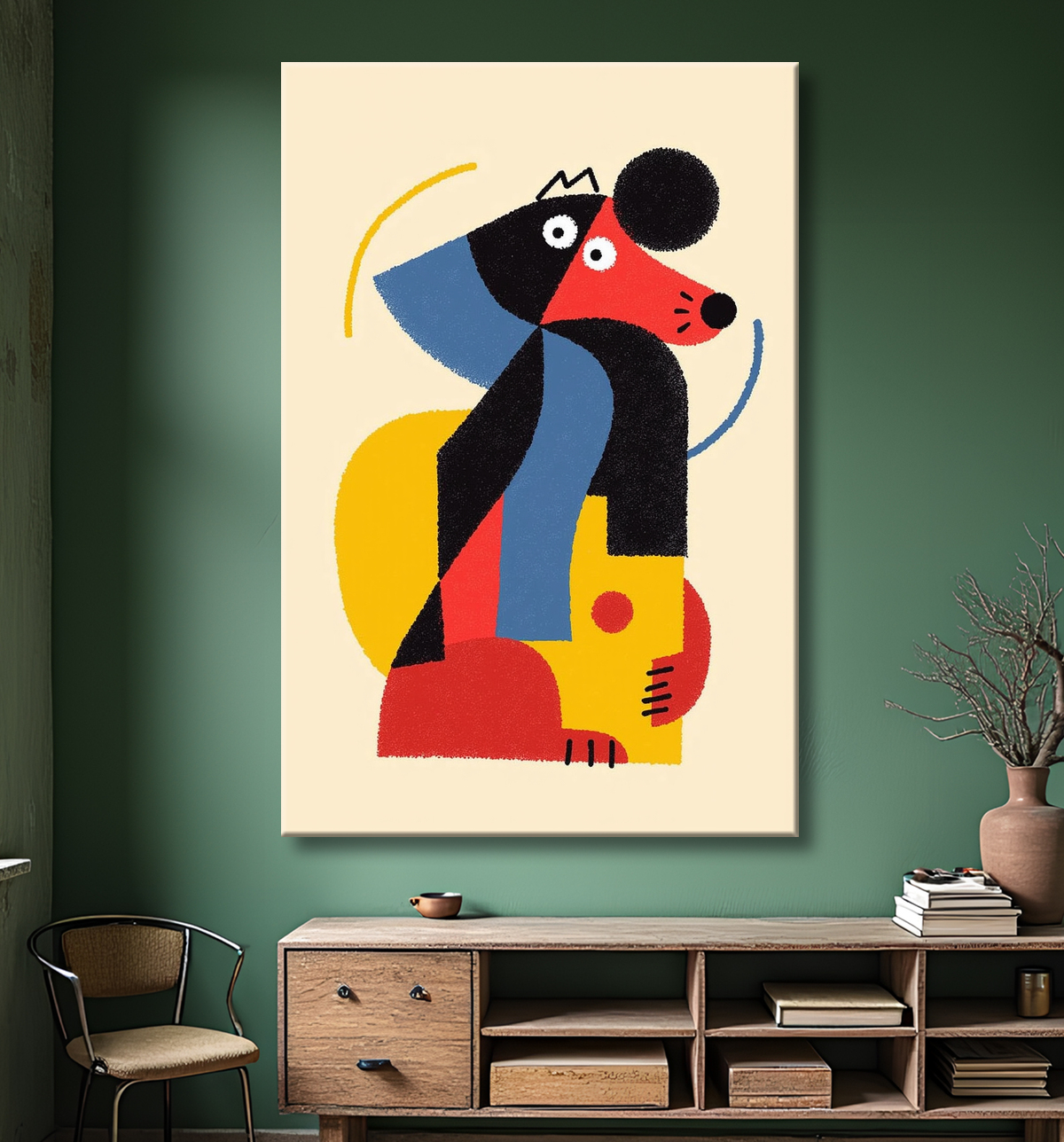Tableau minimaliste et contemporain d'un chien avec decor