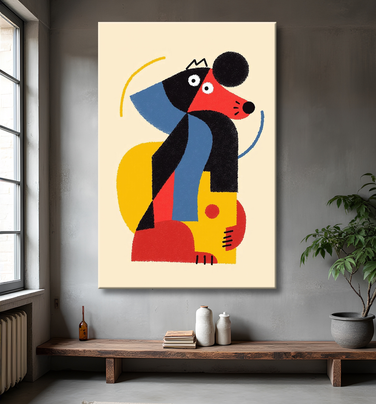 Tableau minimaliste et contemporain d'un chien avec decor