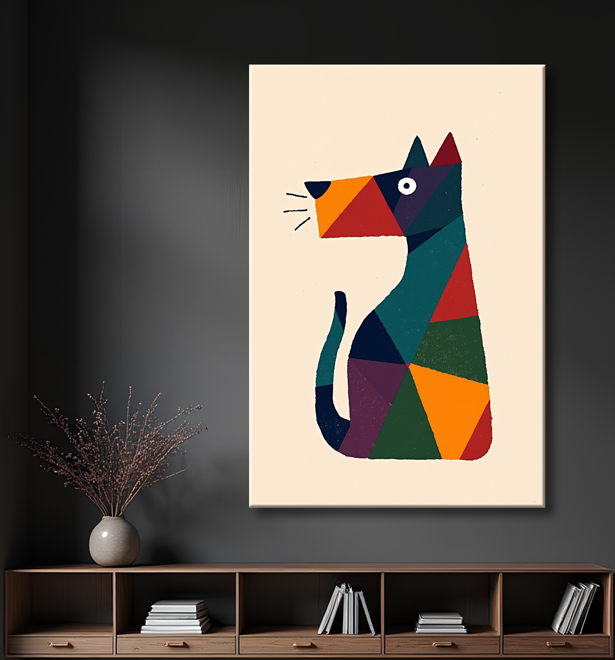 Tableau minimaliste et contemporain d'un chien avec decor