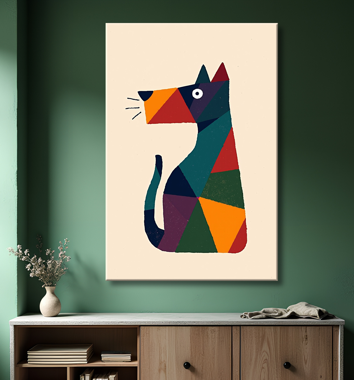 Tableau minimaliste et contemporain d'un chien avec decor