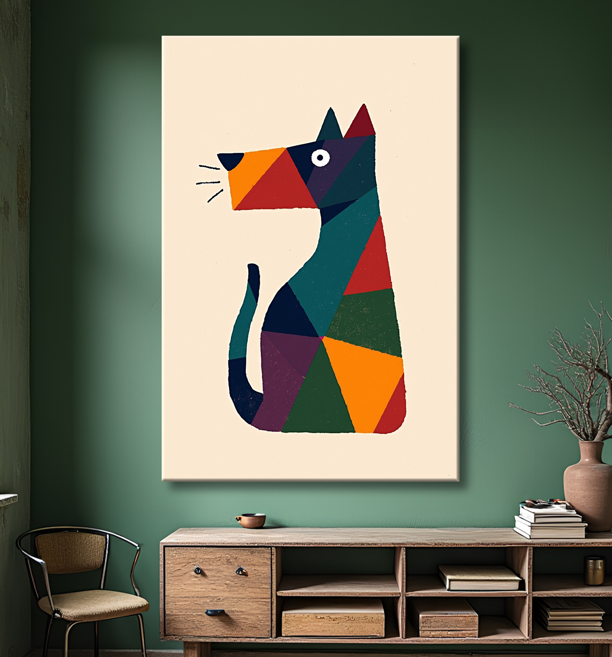 Tableau minimaliste et contemporain d'un chien avec decor