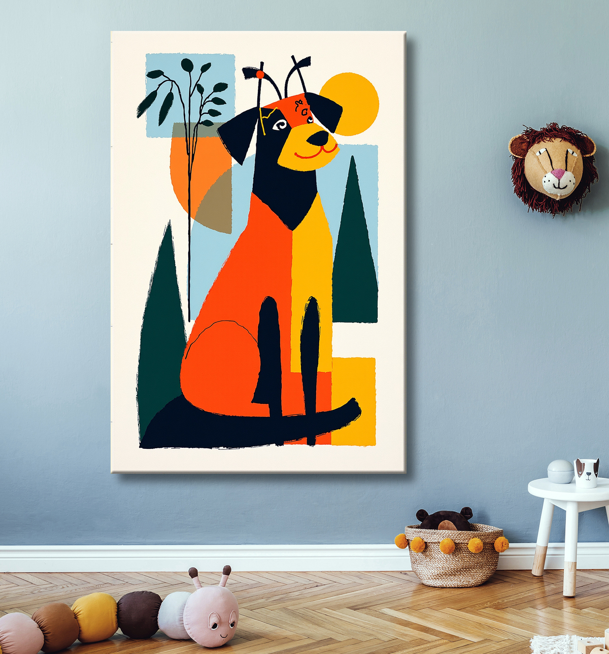 Tableau minimaliste et contemporain d'un chien avec decor