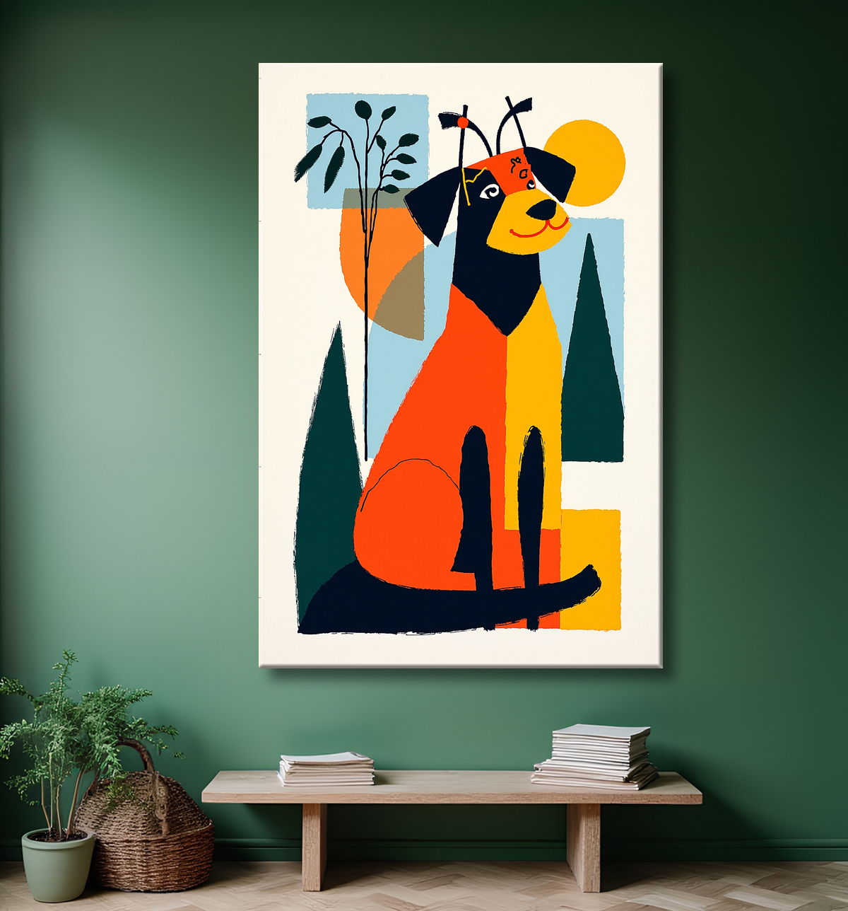 Tableau minimaliste et contemporain d'un chien avec decor