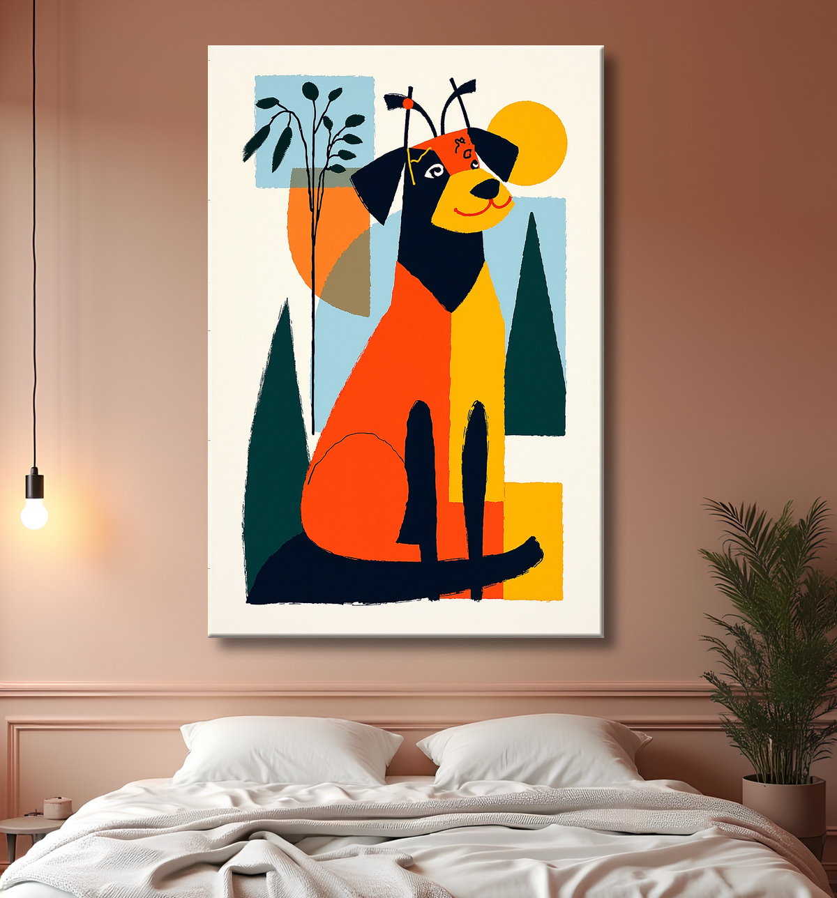 Tableau minimaliste et contemporain d'un chien avec decor