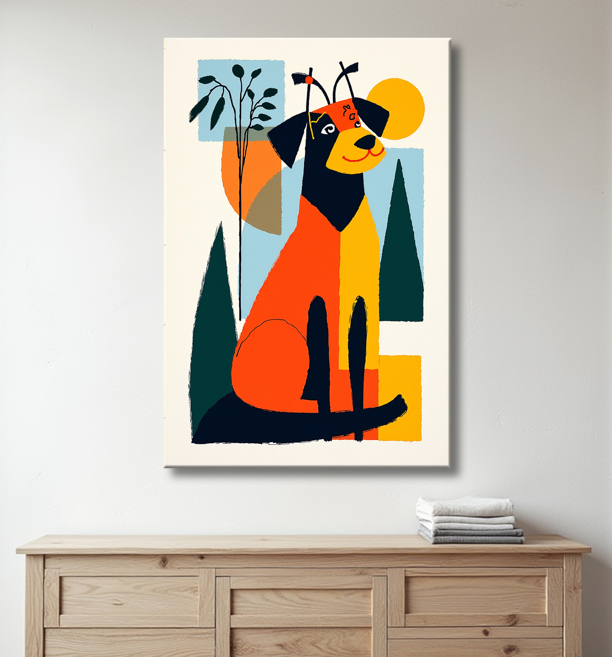 Tableau minimaliste et contemporain d'un chien avec decor