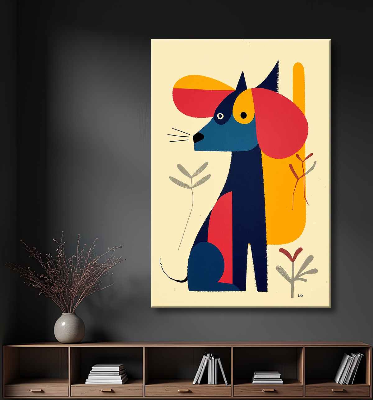 Tableau minimaliste et contemporain d'un chien avec decor