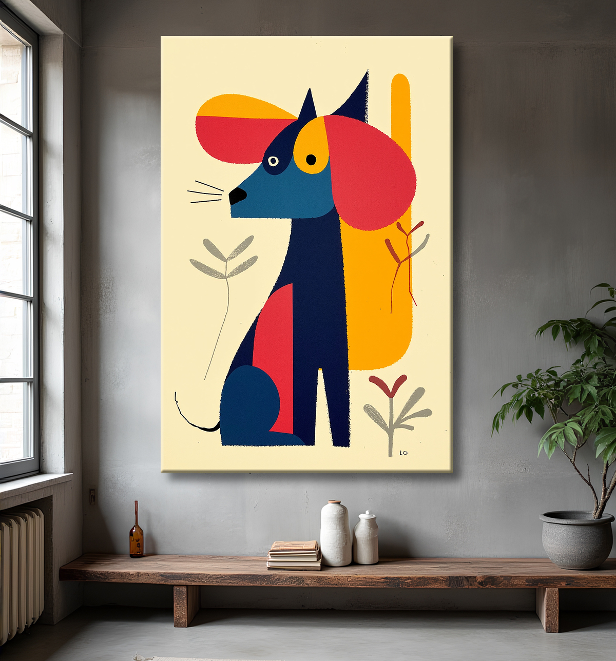 Tableau minimaliste et contemporain d'un chien avec decor