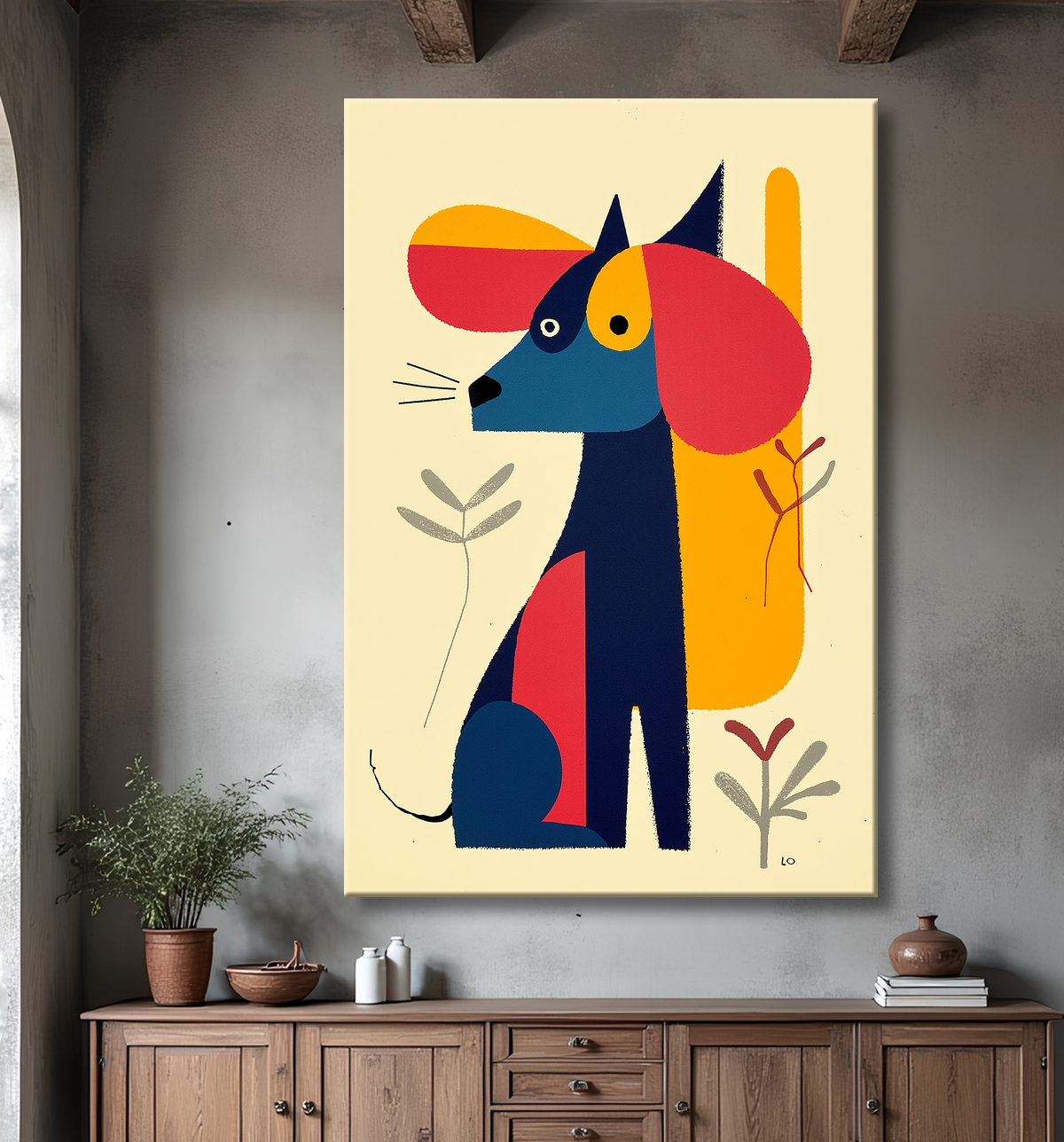 Tableau minimaliste et contemporain d'un chien avec decor