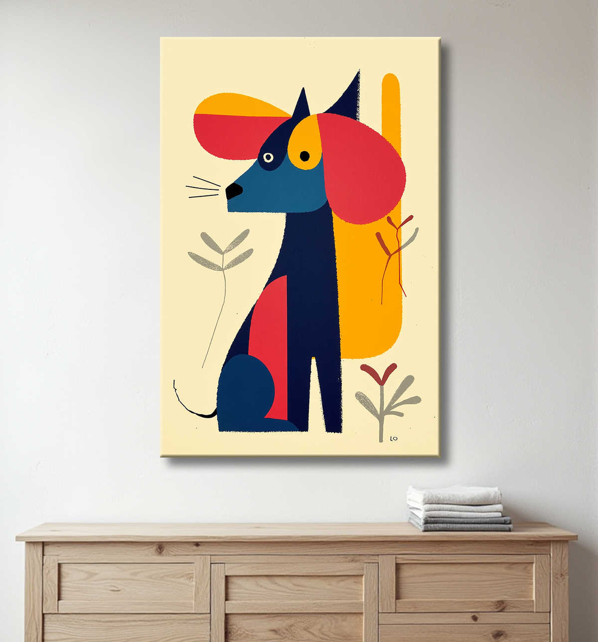 Tableau minimaliste et contemporain d'un chien avec decor