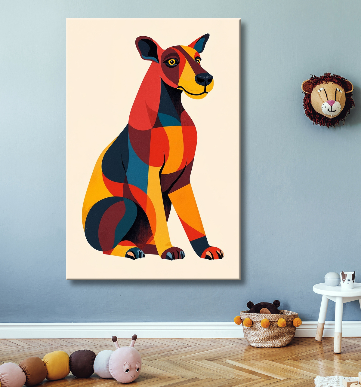 Tableau minimaliste et contemporain d'un chien avec decor