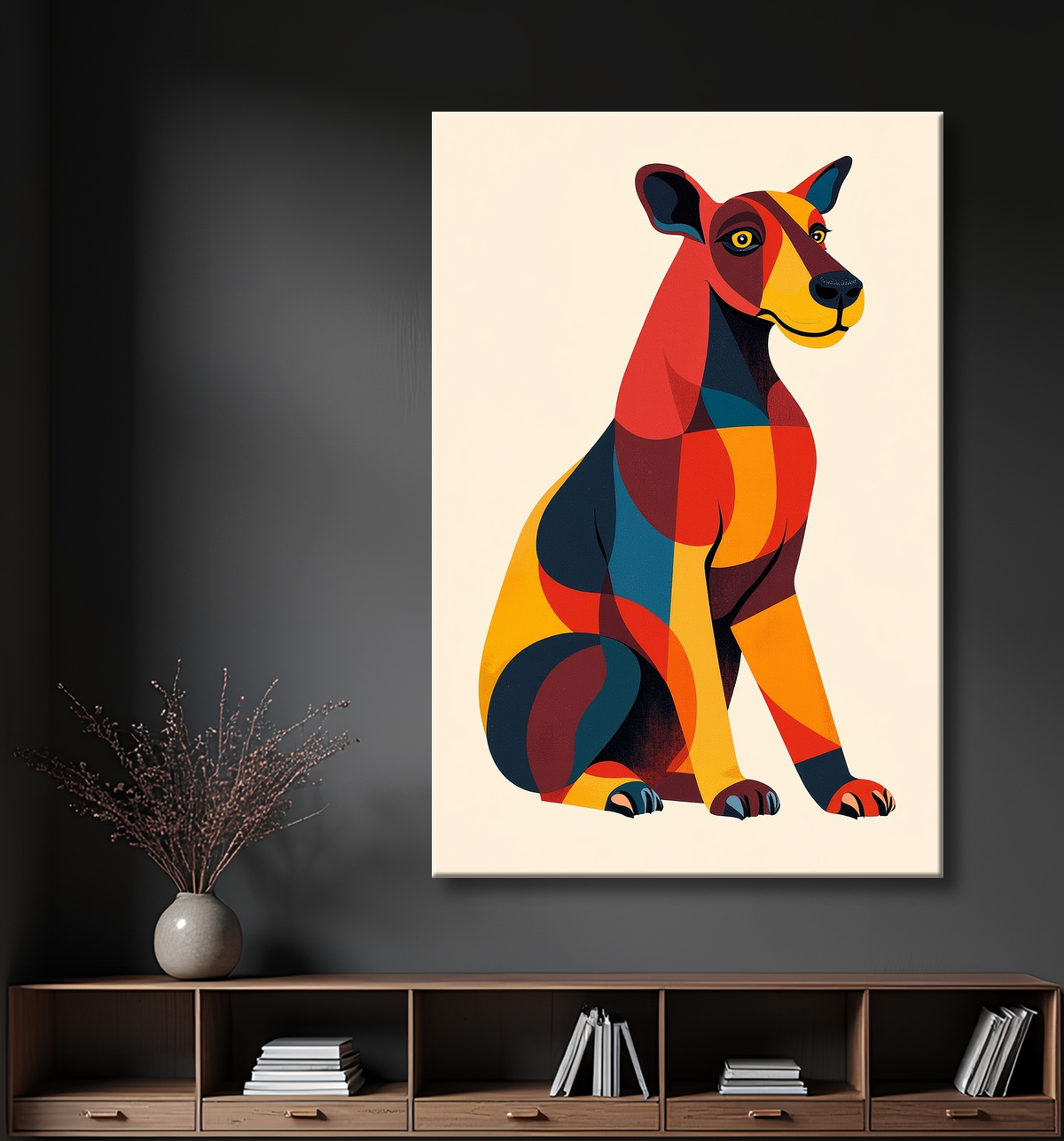 Tableau minimaliste et contemporain d'un chien avec decor