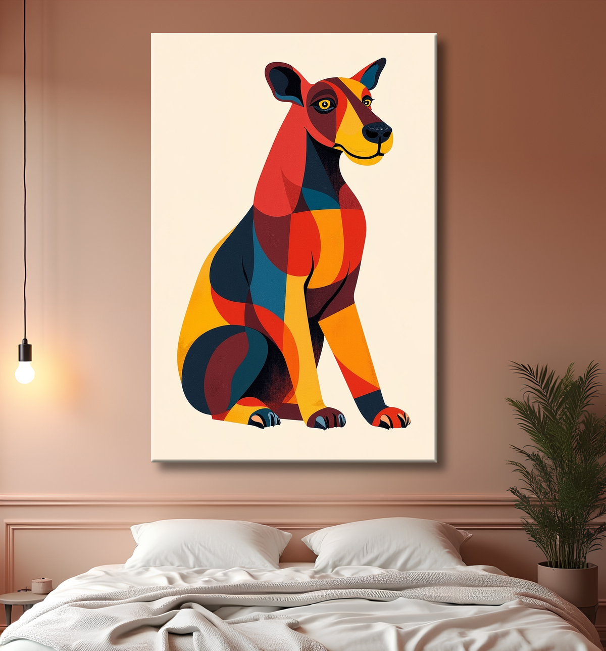 Tableau minimaliste et contemporain d'un chien avec decor