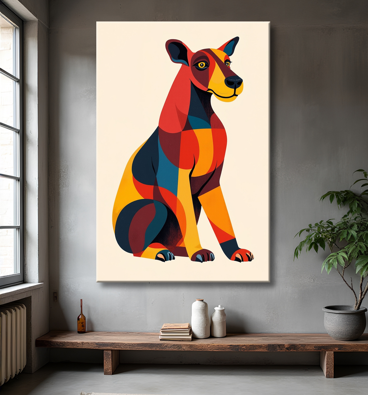 Tableau minimaliste et contemporain d'un chien avec decor