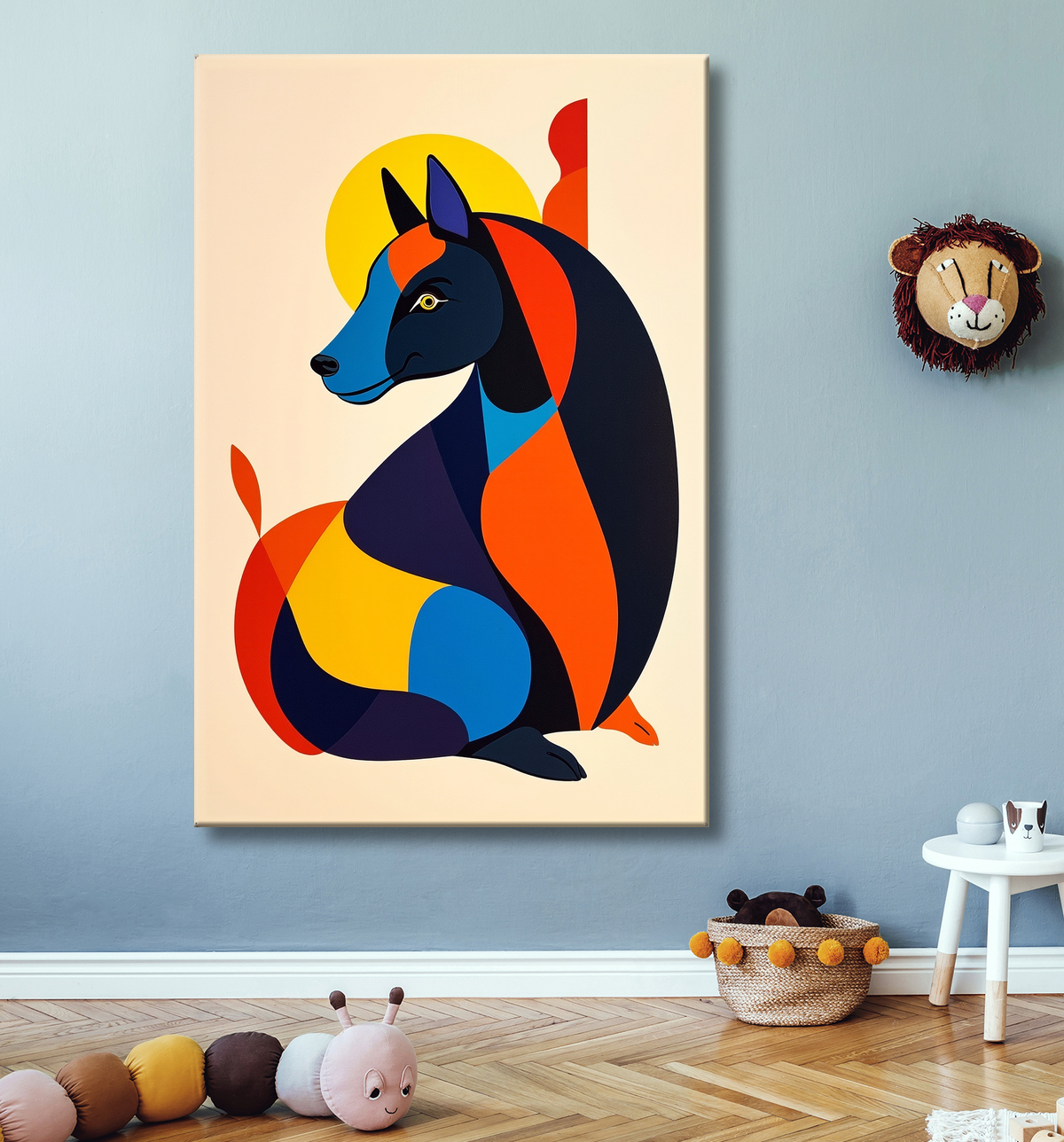 Tableau minimaliste et contemporain d'un chien avec decor