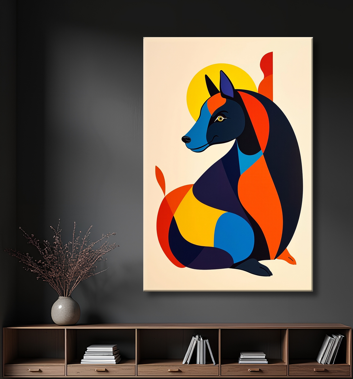 Tableau minimaliste et contemporain d'un chien avec decor