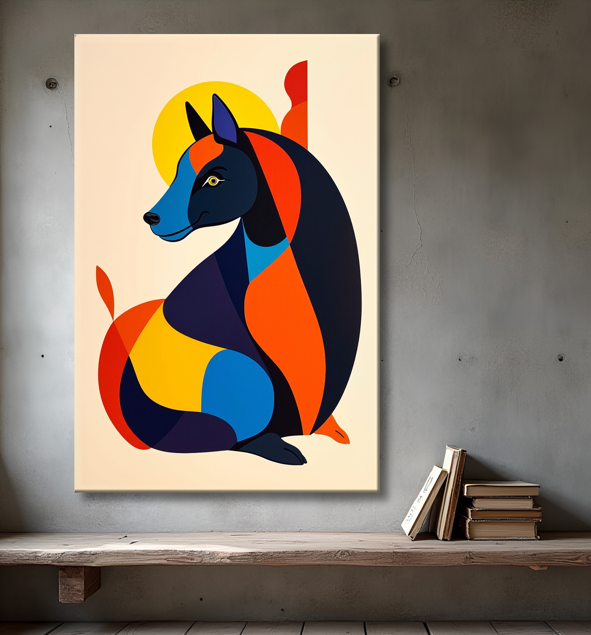 Tableau minimaliste et contemporain d'un chien avec decor