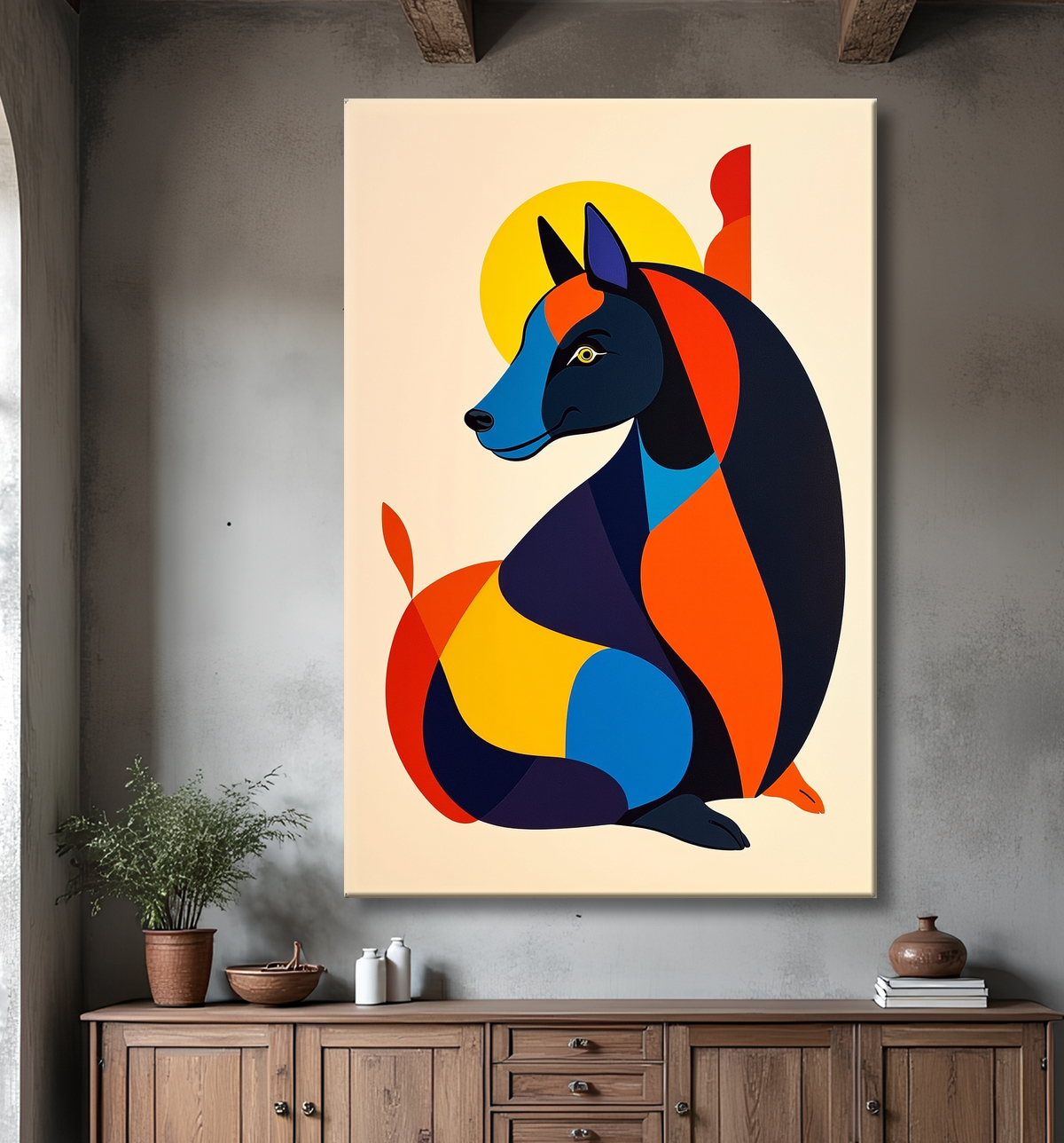 Tableau minimaliste et contemporain d'un chien avec decor