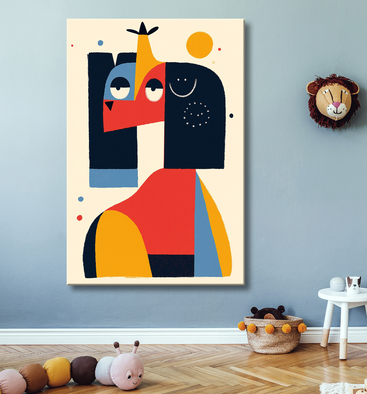 Tableau minimaliste et contemporain d'un chien avec decor