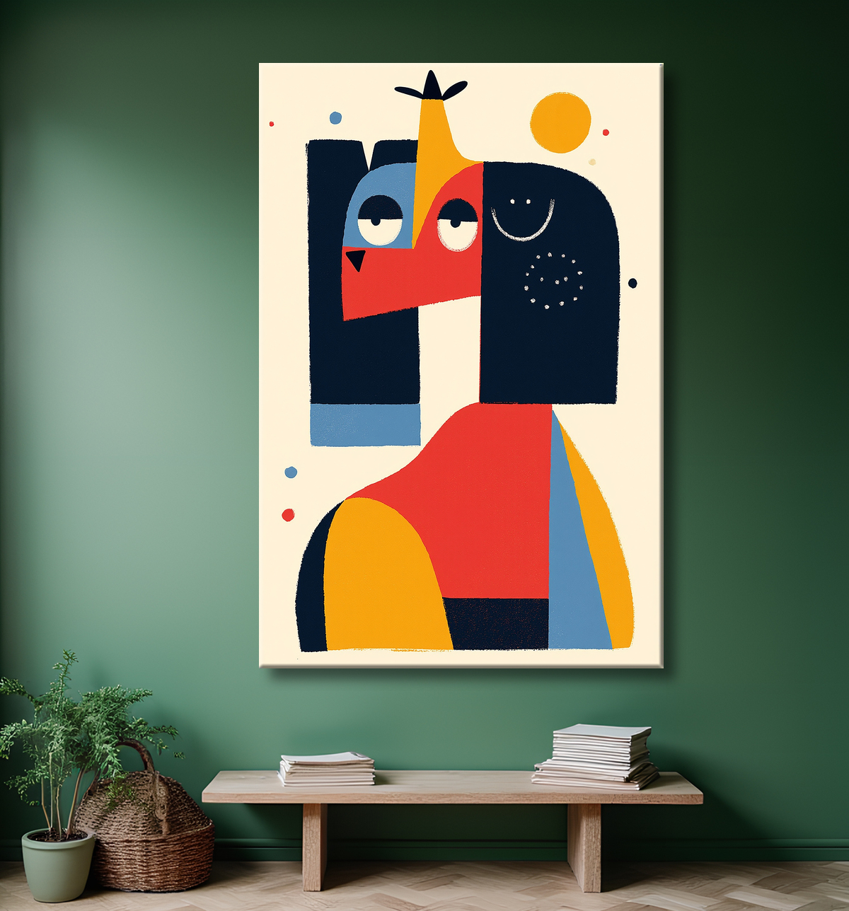Tableau minimaliste et contemporain d'un chien avec decor