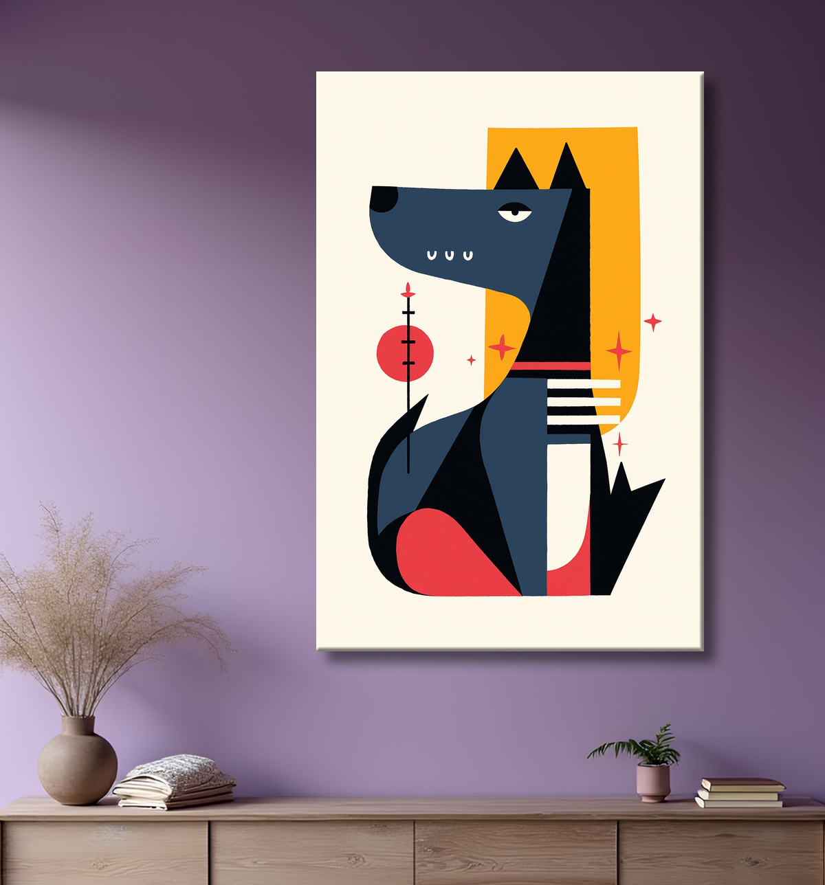 Tableau minimaliste et contemporain d'un chien avec decor