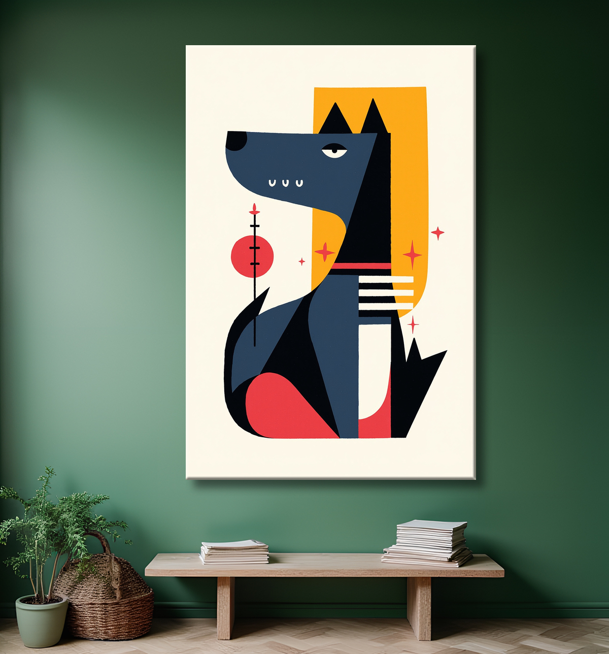 Tableau minimaliste et contemporain d'un chien avec decor