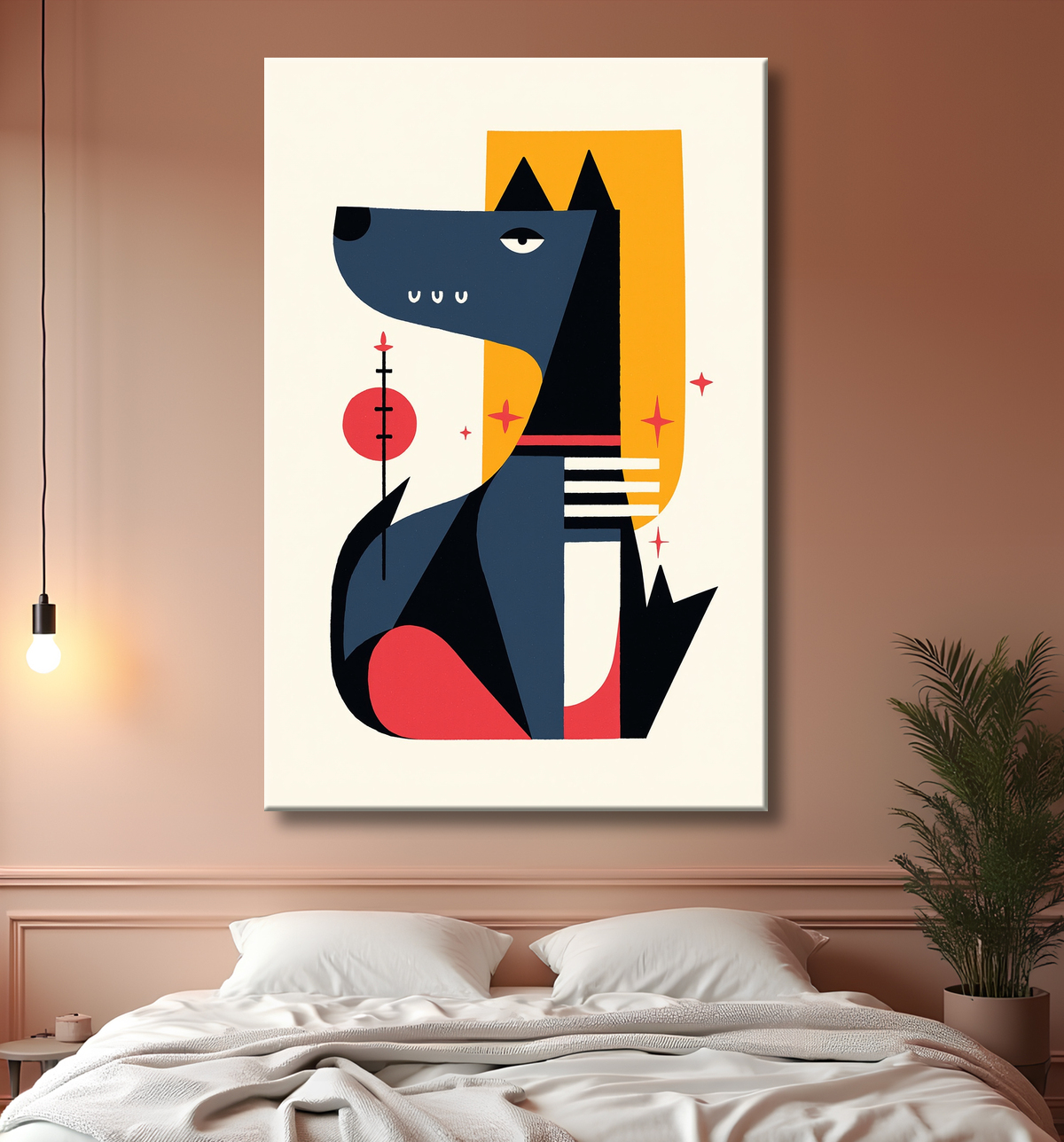Tableau minimaliste et contemporain d'un chien avec decor