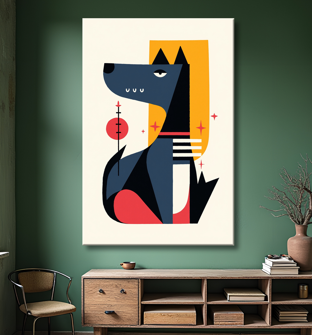 Tableau minimaliste et contemporain d'un chien avec decor