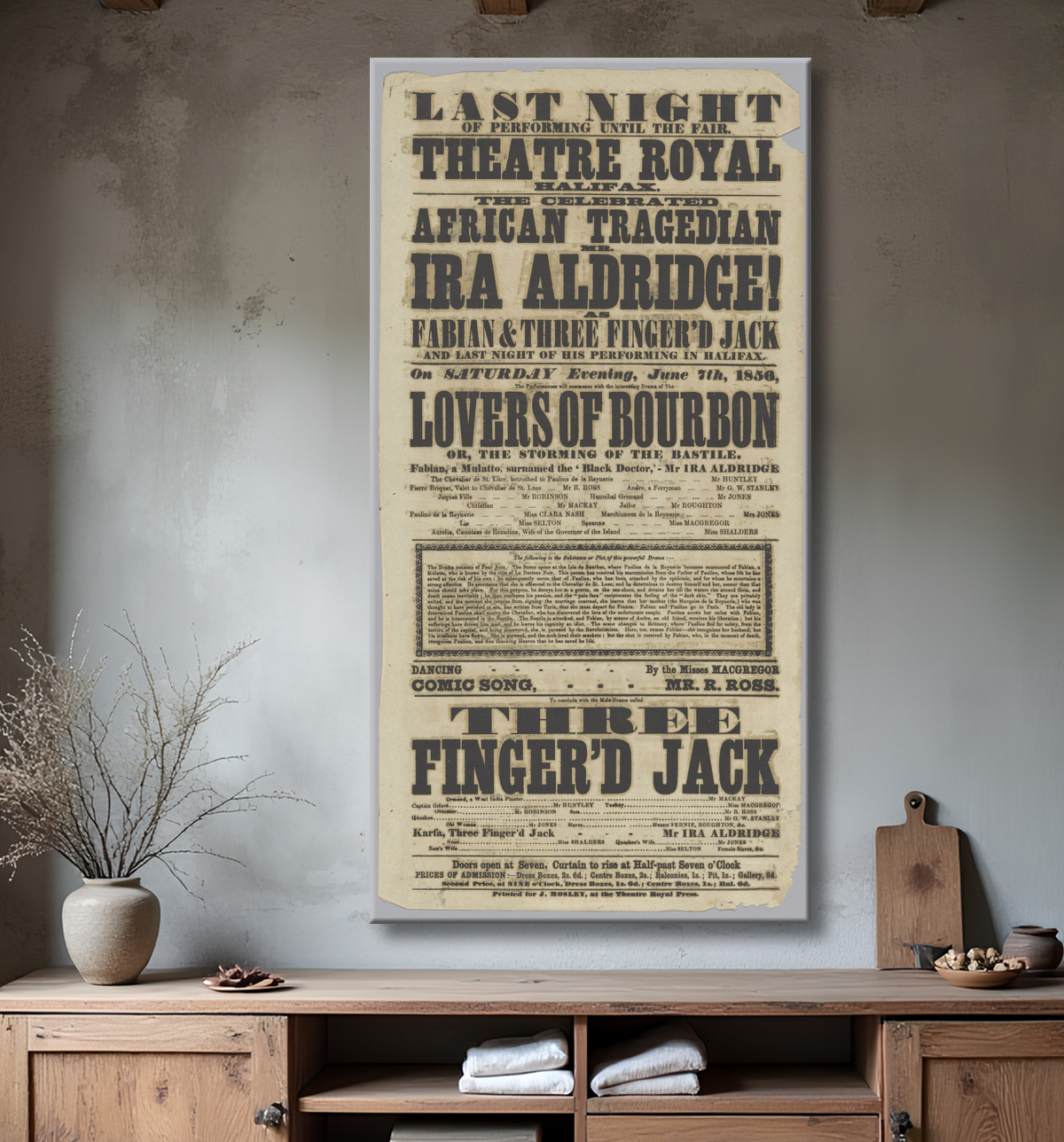 Reproduction Affiche de théâtre mettant en vedette Ira Aldridge dans Lovers of Bourbon de Theatre Royal, Halifax, British, 1789 - 1933 avec decor