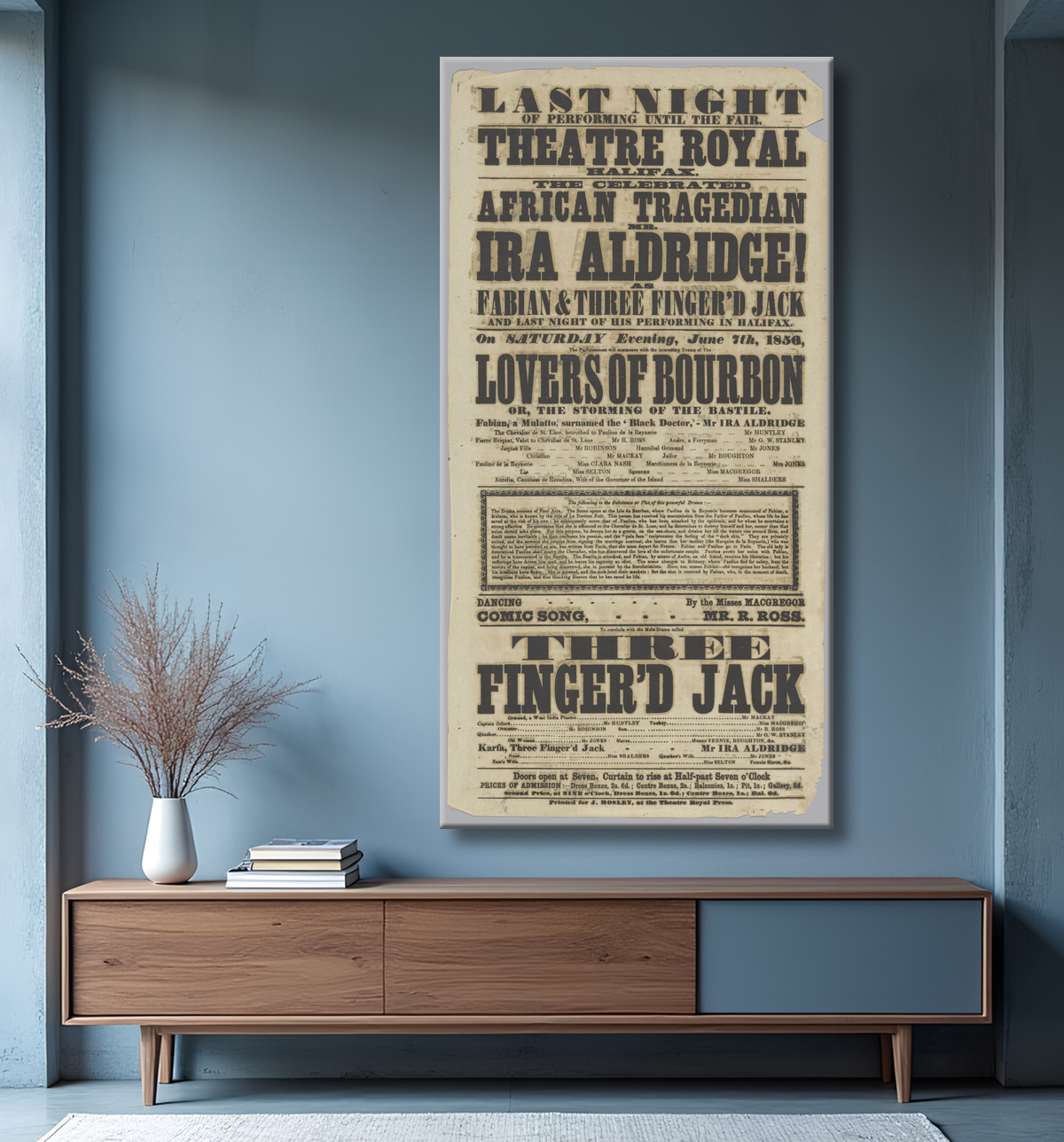 Reproduction Affiche de théâtre mettant en vedette Ira Aldridge dans Lovers of Bourbon de Theatre Royal, Halifax, British, 1789 - 1933 avec decor