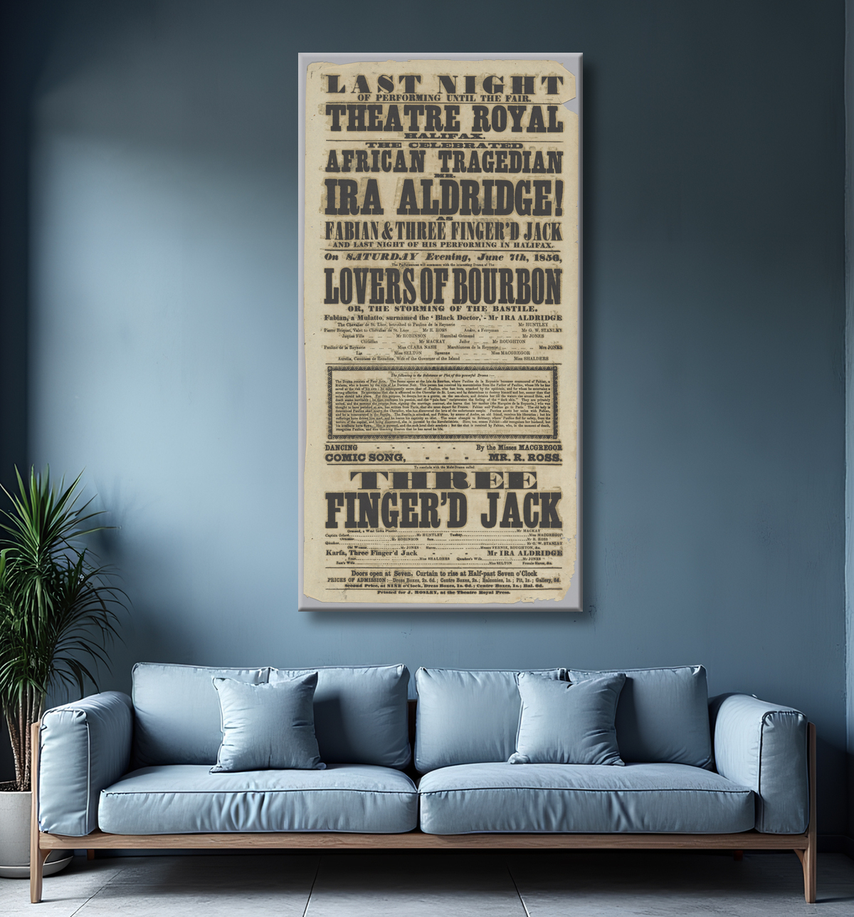 Reproduction Affiche de théâtre mettant en vedette Ira Aldridge dans Lovers of Bourbon de Theatre Royal, Halifax, British, 1789 - 1933 avec decor