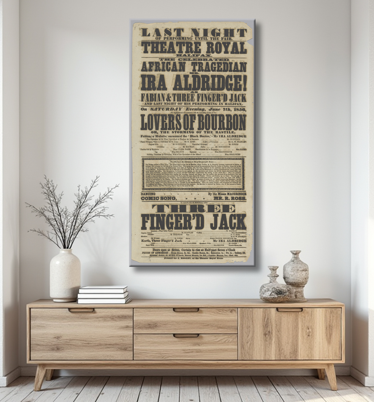 Reproduction Affiche de théâtre mettant en vedette Ira Aldridge dans Lovers of Bourbon de Theatre Royal, Halifax, British, 1789 - 1933 avec decor