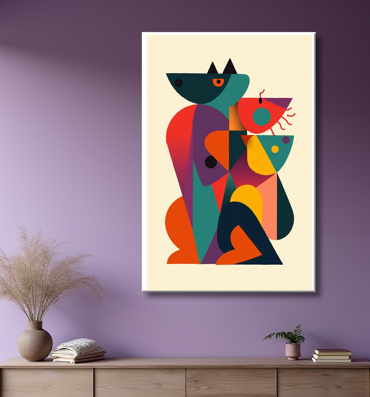 Tableau affiche minimaliste chat géométrique moderne  avec decor