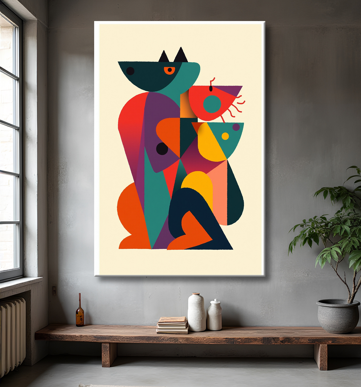 Tableau affiche minimaliste chat géométrique moderne  avec decor